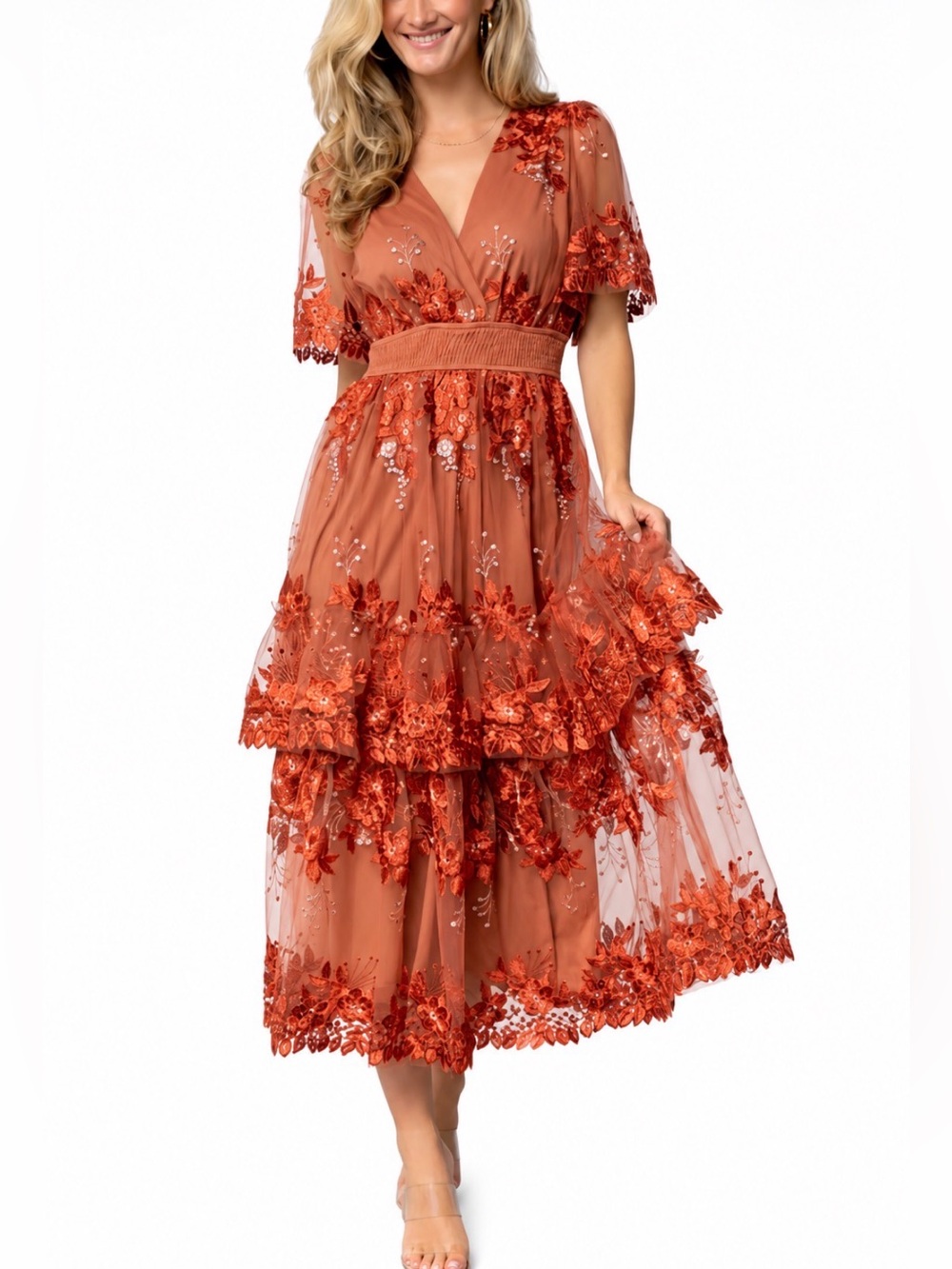 NWT Baltic Born Lotte Embroidered Midi Dress M Rust Floral Tulle Wedding Guest